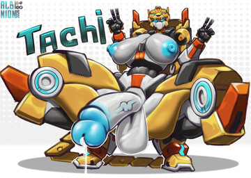 balls big_breasts black_body blue_eyes blue_glans blue_nipples bodily_fluids breasts eyelashes genital_fluids genitals gesture glans glowing glowing_eyes gynomorph half-erect hand_gesture huge_breasts humanoid_genitalia humanoid_penis intersex looking_at_viewer machine multicolored_body narrowed_eyes nipples penis precum shaded_face solo spread_legs spreading tail thick_thighs tire v_sign white_body wide_hips yellow_body albinionart metalcard_bot taki_(metalcard_bot) cheetah felid feline humanoid mammal robot robot_humanoid 2026 absurd_res digital_drawing_(artwork) digital_media_(artwork) hi_res