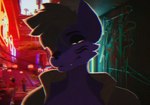 2023 altumnixis anthro canid canine canis chromatic_aberration clothing coat cyberpunk_2077 digital_media_(artwork) female five_nights_at_freddy's five_nights_at_freddy's:_security_breach looking_at_viewer mammal narrowed_eyes neon_lights portrait roxanne_wolf scottgames solo squint steel_wool_studios topwear wolf