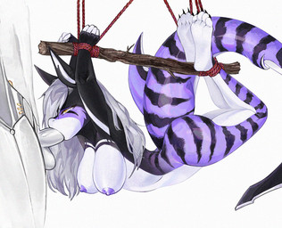 anthro areola bdsm big_breasts big_butt bodily_fluids bondage bound breasts butt claws curvy_figure embarrassed feet female forced fur genitals grey_hair hair hanging_breasts hanging_from_branch legs_tied multicolored_body nipples nude oral oral_penetration penetration penis questionable_consent restrained simple_background small_nipples solo striped_body stripes tail tears toe_claws white_background white_body white_fur kantoku aquatic fish shark full-length_portrait hi_res portrait