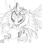 annoyed breast_grab breasts female hand_on_breast male melee_weapon non-mammal_breasts poking polearm queen royalty spear weapon 100_(artist) kirby_(series) nintendo kirby queen_sectonia arthropod bee hymenopteran insect black_and_white monochrome