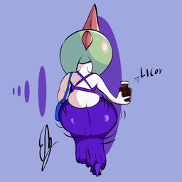 alcohol alcohol_bottle beverage beverage_bottle big_butt bottle butt clothed clothing container female green_hair hair huge_butt liquor not_furry simple_background solo white_body wide_hips eddiebrije nintendo pokemon fan_character graciela_(eddiebrije) generation_3_pokemon pokemon_(species) ralts 1:1 absurd_res hi_res