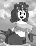 big_breasts breasts clothing female gloves handwear shirt solo split_form toony_eyes topwear vanillabeangoat cuphead_(game) cala_maria cephalopod coleoid humanoid marine merfolk mollusk octopodiform hi_res monochrome