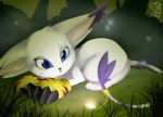 ambiguous_gender black_nose blue_eyes claws clothing detailed_background ear_tuft feral fur gloves grass handwear looking_at_viewer lying nature outside plant purple_body purple_fur ring solo sparkles tail tuft white_body white_fur tiaamaito bandai_namco digimon digimon_(species) felid gatomon mammal