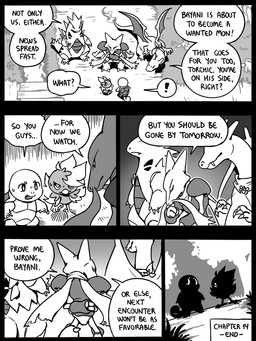 2_horns 5_panel_comic ambiguous_gender anthro badge beak biped black_text bodily_fluids claws dialogue ellipsis exclamation_point feet feral finger_claws fire flaming_tail grass group horn kerchief looking_at_another looking_back open_mouth outside plant pupils question_mark sharp_teeth shell speech_bubble standing sweat sweatdrop tail talking_to_another talons teeth text text_box toe_claws toes tongue tree white_pupils white_sclera wings flavia-elric nintendo pokemon pokemon_mystery_dungeon spike_chunsoft bayani_(yapc) reina_(yapc) alakazam charizard generation_1_pokemon generation_2_pokemon generation_3_pokemon humanoid pokemon_(species) squirtle torchic tyranitar 2026 3:4 comic end_page english_text monochrome female_(lore) male_(lore)