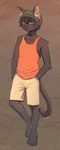 anthro barefoot beanie biped black_body black_fur black_hair bottomwear clothed clothing collar feet front_view fur hair hair_between_eyes hat headgear headwear leaf long_tail looking_at_viewer male male_anthro orange_eyes plantigrade shirt shorts simple_background solo tail tank_top topwear white_bottomwear white_clothing white_shorts fiuefey jeremy_maslin domestic_cat felid feline felis mammal absurd_res colored digital_drawing_(artwork) digital_media_(artwork) hi_res shaded watermark