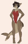 anthro brown_body brown_eyes brown_hair brown_skin clothed clothing female hair looking_at_viewer markings one-piece_swimsuit red_clothing red_swimwear shark_tail smile smiling_at_viewer solo standing striped_markings stripes swimwear 427deer june_the_shark fish marine shark absurd_res hi_res