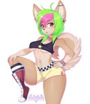 alternative_fashion anthro bottomwear breasts clothing dolphin_shorts ear_piercing female green_hair hair piercing pink_hair scene_(fashion) scene_haircut shirt shorts solo step_pose topwear under_boob kitsuumi canid canine mammal absurd_res hi_res