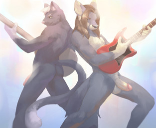 abstract_background balls black_nose brown_hair butt circumcised dipstick_tail duo electric_guitar eyes_closed flaccid fur genitals glans grey_body grey_fur guitar hair holding_musical_instrument holding_object humanoid_genitalia humanoid_penis inner_ear_fluff looking_back male markings multicolored_body multicolored_fur multicolored_tail musical_instrument nude penis pink_nose playing_guitar playing_music plucked_string_instrument rock_out_with_your_cock_out smile standing string_instrument tail tail_markings tuft two_tone_body two_tone_fur white_body white_fur white_hair loverslessthanthree canid canine domestic_cat felid feline felis fox mammal