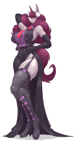 :< accessory alternative_fashion anthro armwear big_breasts biped boots breasts clothed clothing curvy_figure elbow_gloves eyelashes eyeshadow female fluffy fluffy_hair footwear garter_straps gloves goth hair hair_over_eye hand_on_hip handwear high_boots high_heeled_boots high_heels hourglass_figure inner_ear_fluff legwear light_body long_hair makeup navel_outline necktie pose raised_arm red_eyes red_hair shoes simple_background slit_dress small_waist snout solo standing stockings tail thick_thighs thigh_highs tuft white_background wide_hips mokkoyu betty_(mokkoyu) canid canine canis mammal wolf 2026 absurd_res digital_media_(artwork) full-length_portrait hi_res portrait