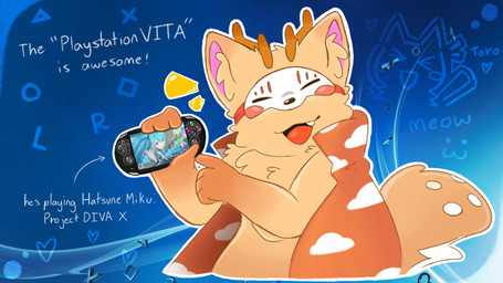 anthro antlers arrow_sign black_nose blue_background brown_antlers brown_body brown_ears brown_fur brown_tail cape chest_tuft clothing electronics exclamation_point eyes_closed fangs fur game_console gesture hand_gesture handheld_console heart_symbol holding_console holding_object holding_vita horn looking_at_viewer male mask multicolored_body multicolored_cape multicolored_clothing multicolored_ears multicolored_fur multicolored_tail orange_body orange_ears orange_fur orange_tail orange_tuft pointing pointing_at_object red_cape red_clothing sharp_teeth simple_background solo standing tail tan_tail teeth text tongue tuft two_tone_body two_tone_cape two_tone_clothing two_tone_ears two_tone_fur white_cape white_clothing rydryd asian_mythology chinese_mythology east_asian_mythology fabulous_beasts fenz_(studio) mythology playstation playstation_vita sony_corporation sony_interactive_entertainment vocaloid hatsune_miku sibuxiang_the_deer_(fabulous_beasts) deer mammal 16:9 2025 4k absurd_res digital_media_(artwork) english_text hi_res widescreen