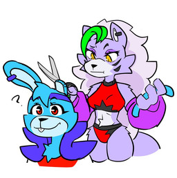anthro blue_body blue_fur duo female fur haircut male male/female purple_body purple_fur red_eyes yellow_eyes ryuuu_k1 five_nights_at_freddy's five_nights_at_freddy's:_security_breach freddy_fazbear's_pizzeria_simulator scottgames steel_wool_studios rockstar_bonnie_(fnaf) roxanne_wolf canid canine canis lagomorph leporid mammal rabbit wolf