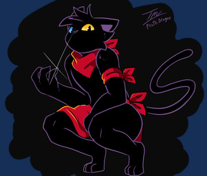 anthro armband black_body black_fur blue_eyes claws crouching digitigrade fur heterochromia kerchief male monotone_body monotone_fur shirtless shirtless_anthro shirtless_male solo yellow_eyes prate-dragon jack_(kingk70) domestic_cat felid feline felis mammal alpha_channel hi_res