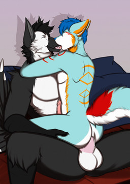 anal anal_penetration anthro arms_around_neck black_hair blue_body blue_fur blue_hair duo eyes_closed fur genitals hair holding_butt kissing male male/male multicolored_body multicolored_fur penetration penis pink_penis riding kareza falcon_woodwere phoenix_(character) arctic_wolf avian bird canid canine canis corvid corvus_(genus) crow mammal oscine passerine pied_crow wolf absurd_res hi_res