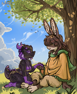 black_body bottomwear breasts brown_body brown_fur clothing detailed_background duo female fur grass hand_holding horn loincloth looking_at_another male male/female pants plant poncho scarf sitting sky smile tail thick_thighs tree white_body avisheart kobold lagomorph leporid mammal rabbit scalie invalid_tag hi_res