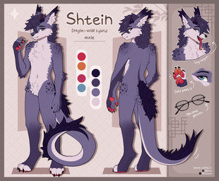 anthro cheek_tuft claws digitigrade dragon_tail eyewear facial_tuft fangs fluffy fluffy_chest fluffy_ears fluffy_tail front_view fur glasses horn long_tongue male neck_tuft open_mouth pawpads paws rear_view smile solo spots standing tail teeth tongue tongue_out tuft shtein mythology shtein_(shtein) canid canine canis dragon furred_dragon furred_scalie hybrid mammal mythological_creature mythological_scalie scalie wolf hi_res model_sheet