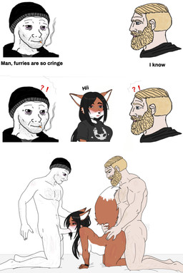 ambiguous_penetration anthro beard black_hair blonde_hair breasts butt cigarette clothing dialogue doomer exclamation_point facial_hair fellatio female female_on_human genitals group group_sex hair human_on_anthro interspecies jacket male male/female male_on_anthro nude oral penetration penile penis question_mark sex smoke spitroast tail text threesome topwear trio unknown_artist wojak canid canine fox human mammal absurd_res comic digital_drawing_(artwork) digital_media_(artwork) english_text hi_res meme