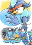 ambiguous_gender avian_butt beak butt duo feathers frown head_on_butt question_mark sleeping sleeping_together smile snoring tail tail_feathers veganswampert nintendo pokemon generation_3_pokemon generation_9_pokemon pokemon_(species) quaquaval swampert hi_res