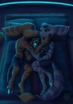 2023 anthro bed bedroom betzgi blue_eyes claws clothed clothing cybernetic_arm cybernetic_limb duo ear_piercing ear_ring eye_contact female fluffy fluffy_tail fur furniture green_eyes hi_res lombax looking_at_another male male/female mammal markings piercing pillow ratchet_(ratchet_and_clank) ratchet_and_clank ring_(marking) ring_piercing ringed_tail rivet_(ratchet_and_clank) romantic romantic_couple sony_corporation sony_interactive_entertainment striped_markings striped_tail stripes tail tail_markings tail_tuft topless tuft white_body white_fur yellow_body yellow_fur