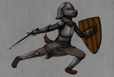 action_pose anthro armor belt black_spots boots bottomwear chainmail clothed clothing dark_body female footwear full_armor furgonomics headgear helmet holding_melee_weapon holding_object holding_shield holding_sword holding_weapon markings medieval melee_weapon pants plate_armor pose shield shoes simple_background slashing solo spots spotted_body sword thin_calves thin_legs thin_thighs weapon animew coco_chockshund_(animew) canid canine canis domestic_dog mammal hi_res