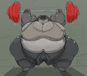 anthro barbell belly big_belly big_breasts black_bottomwear black_clothing bodily_fluids bottomwear breasts clothed clothing deadlift female green_eyes grey_clothing grey_topwear hat headgear headwear lifting looking_at_viewer morbidly_obese morbidly_obese_female musclegut muscular navel_outline obese obese_female overweight overweight_female pants pink_nose shirt simple_background solo sweat sweatpants tank_top topwear wide_hips albusmcdreg dreamworks the_bad_guys kitty_kat_(the_bad_guys) felid mammal pantherine snow_leopard 2026