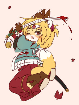 anthro clothing female looking_at_viewer melee_weapon monotone_background one_eye_closed open_mouth solo sword weapon aogitsune_jitto canid canine fox mammal 2021 3:4 hi_res
