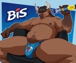 advertisement anthro balls bangs barazoku belly biceps big_bulge big_muscles blue_background blue_border body_hair border bulge candy chair chocolate clothed clothing dessert flaccid food furniture genitals hair happy_trail holding_candy holding_chocolate holding_food holding_object horn huge_bulge huge_muscles huge_thighs logo male musclegut muscular muscular_male navel nipples pecs penis penis_base pubes real simple_background sitting smile solo text thick_thighs thong topless topless_anthro topless_male underwear c_andreartz bis_(chocolate) bison bovid bovine cattle mammal 2022 absurd_res hi_res portuguese_text signature