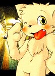 3_fingers anthro big_eyes big_head black_nose blush chest_tuft fangs featureless_crotch fingers inside kemono light looking_at_viewer male nude one_eye_closed open_mouth solo teeth tongue tongue_out tuft wink yellow_eyes nekouri domestic_cat felid feline felis mammal low_res