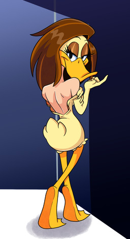 3_toes 4_fingers anthro beak biped black_eyebrows black_eyes brown_eyelids brown_hair butt eyebrows eyelashes featherless feathers feet female female_anthro fingers hair half-closed_eyes long_hair looking_back membrane_(anatomy) mouth_closed narrowed_eyes nude nude_anthro nude_female pink_body pink_skin rear_view scuted_legs scutes shoulder_blades solo standing striptease tail tail_feathers toes webbed_feet yellow_beak yellow_body yellow_feathers yellow_legs yellow_scutes hopethishelps the_looney_tunes_show warner_brothers tina_russo anatid anseriform avian bird duck 2024 hi_res