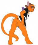 anthro anus backsack balls barefoot biped blush butt clothed clothing crossdressing eyebrows eyelashes feet femboy fur genitals green_eyes maid_uniform male orange_body orange_fur penis simple_background solo uniform jailbird khanco domestic_cat felid feline felis mammal 2019 digital_media_(artwork)