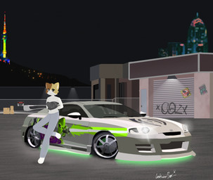 3_toes anthro bandeau barefoot black_bandeau black_clothing black_topwear black_tube_top bottomwear car cardboard cheek_tuft clothing denim denim_bottomwear denim_clothing dim_lighting facial_tuft feet female garage garage_door graffiti hyundai_tiburon jeans looking_at_viewer neon_lights night pants paws seoul solo toes topwear tube_top tuft tuner vehicle cookiespug blushcrunch_studio dandy's_world hyundai hyundai_coupe hyundai_tuscani there_she_is hana_(cookiespug) hana_yeong_soon poppy_(dandy's_world) calico_cat domestic_cat felid feline felis mammal hi_res