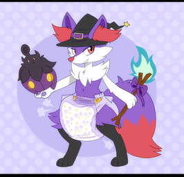 3_fingers 4_toes ambiguous_gender anthro big_diaper black_body black_clothing black_fur black_hat black_headwear blue_fire clean_diaper clothed clothing colored_fire diaper diaper_puff dipstick_tail dotted_background duo fangs feet feral fingers fire fur hat headgear headwear holding_another holding_object holding_stick huge_diaper inner_ear_fluff markings multicolored_body multicolored_fur no_pupils pattern_background pattern_diaper pawpads purple_background purple_body purple_bow purple_ears purple_fur purple_pawpads purple_tail red_body red_fur red_inner_ear_fluff red_nose red_tail red_tail_tip simple_background smile standing stick tail tail_markings teeth three-quarter_view toes tuft wearing_diaper white_body white_fur witch_hat yellow_sclera jupiters nintendo pokemon braixen generation_6_pokemon pokemon_(species) pumpkaboo shiny_pokemon full-length_portrait hi_res letterbox portrait