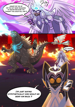 angry atomic_breath back_spikes blue_eyes breath_powers claws clothing cloud dark_body dark_skin dialogue digitigrade dress electronics embers eyelashes feathers female fight fire fire_background freckled_face freckles frown fuming glowing_chest grey_body grey_scales group hair halo holding_person holding_tail horn larger_male long_hair long_tail male multi_eye multi_wing phone scales scar scars_all_over sharp_teeth size_difference sky skyscape spikes spikes_(anatomy) tail teeth toe_claws tongue white_body white_feathers white_hair wings yellow_eyes chanuaree absolutenutcase162 godzilla_(series) hazbin_hotel hellaverse toho adam_(hazbin_hotel) emily_(hazbin_hotel) godzilla lute_(hazbin_hotel) saint_peter_(hazbin_hotel) sera_(hazbin_hotel) angel dinosaur humanoid kaiju monster prehistoric_species reptile scalie seraph_(angel) comic crossover hi_res meme