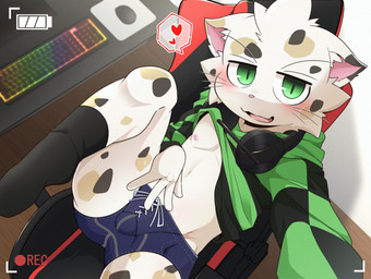 4_fingers anthro areola biped black_clothing black_footwear black_shirt black_socks black_topwear black_whiskers blue_clothing blue_underwear blush blush_lines brown_ear_tips brown_spots bulge camera_hud camera_view chair cheek_tuft clothed clothed_anthro clothed_male clothing computer_mouse dipstick_ears ear_markings electronics facial_tuft fingers footwear fur furniture gaming_chair green_clothing green_eyes green_shirt green_topwear headphones headphones_around_neck heart_symbol high-angle_view inner_ear_fluff keyboard looking_at_viewer male male_anthro markings multicolored_body multicolored_clothing multicolored_ears multicolored_fur multicolored_shirt multicolored_topwear nipples on_chair open_mouth pantsless pantsless_anthro pantsless_male pink_areola pink_inner_ear pink_nipples pink_nose pupils raised_clothing raised_shirt raised_topwear recording shirt sitting sitting_on_chair slit_pupils small_nose socks solo speech_bubble spots spotted_body spotted_fur tan_ear_tips tan_spots tongue topwear tuft two_tone_clothing two_tone_shirt two_tone_topwear underwear whiskers white_body white_fur white_inner_ear_fluff young young_anthro young_male tsukane_yoda domestic_cat felid feline felis mammal 2026 absurd_res digital_media_(artwork) hi_res
