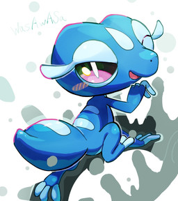 ambiguous_gender blue_body blush blush_lines eyelashes feral looking_at_viewer looking_back markings one_eye_closed open_mouth purple_eyes solo striped_markings stripes tail wasawasa nintendo pokemon pokemon_winds_and_waves gecqua generation_10_pokemon lizard pokemon_(species) reptile scalie 2026 hi_res signature