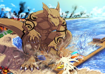 4_toes 5_fingers abs amusement_park amusement_ride anthro arm_tattoo balls beach biceps biped bodily_fluids brown_body building building_destruction city city_background city_crushing city_destruction cityscape claws crouching cum cum_on_ground cumshot destruction detailed_background ejaculation erection extreme_size_difference feet ferris_wheel finger_claws fingers footprint foreskin genital_fluids genitals group house humanoid_genitalia humanoid_penis macro macro_anthro macro_male male muscular muscular_anthro muscular_male nude open_mouth orgasm outside pawprint paws pecs penile penis rampage red_eyes roller_coaster sand sea seaside size_difference sky smashing smile solo_focus stick_figure stomping tail tattoo toe_claws toes water tatugon mythology tephros dragon mythological_creature mythological_scalie scalie hi_res