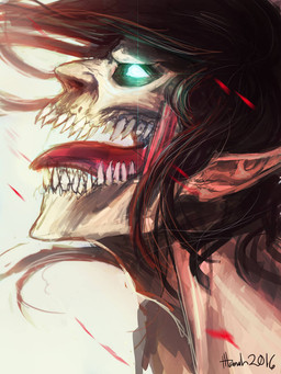 brown_hair exposed_teeth glowing glowing_eyes hair humanoid_pointy_ears pale_skin pointed_tongue pointy_ears roaring sharp_teeth solo teal_eyes teeth lllannah attack_on_titan eren_jaeger humanoid monster titan_(attack_on_titan) 2016 3:4