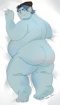 2024 barley_lightfoot belly big_belly blue_body blue_hair blush butt clothing disney elf hair hat headgear headwear hi_res humanoid humanoid_hands jamiephut lying male onward_(2020) overweight overweight_male pixar solo