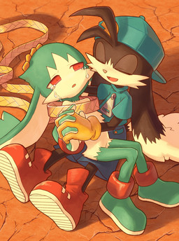 anthro black_body black_fur bodily_fluids boots clothing crying duo footwear fur green_body green_fur hand_holding long_ears male male/male on_lap ring shoes tears young young_anthro amber_graygamma bandai_namco klonoa_(series) king_of_sorrow klonoa domestic_cat felid feline felis mammal hi_res