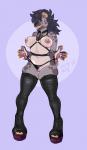 2018 anthro boots breasts chest_tuft clothing female footwear genitals harness hi_res hyena legwear looking_away mammal markings mole_(marking) nastypasty navel nipples panties piercing pussy pussy_floss simple_background solo spotted_hyena thigh_boots thigh_highs tia_(nastypasty) tongue tongue_out tuft underwear