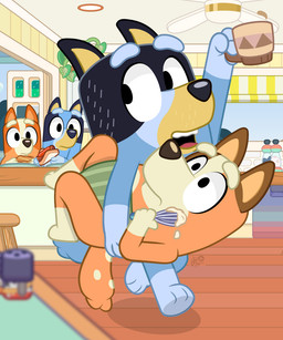 apron beverage breakfast carrying_another carrying_partner clothing coffee female kitchen male running surprised dm29 bluey_(series) bandit_heeler bingo_heeler bluey_heeler chilli_heeler australian_cattle_dog canid canine canis cattledog domestic_dog herding_dog mammal pastoral_dog 5:6 hi_res