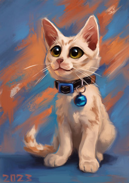 abstract_background ambiguous_gender bell bell_collar collar feral fur markings orange_stripes quadruped solo striped_markings striped_tail stripes tail tail_markings white_body white_fur yellow_eyes young alexpahomov domestic_cat felid feline felis mammal 2023 digital_media_(artwork) digital_painting_(artwork) painting_(artwork)