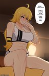 abs athletic athletic_female bed biped blonde_hair breasts cleavage clothed clothing dialogue female furniture hair missing_arm not_furry sitting solo text thick_thighs scocks4you yang_xiao_long human mammal english_text hi_res