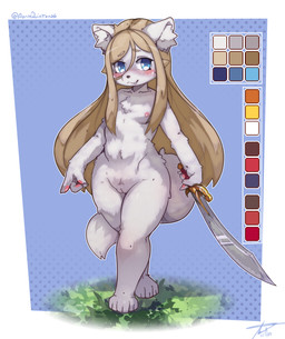 anthro areola biped black_nose blonde_hair blue_eyes breasts chest_tuft cute_fangs eyebrows fangs female fluffy fluffy_tail front_view fur genitals hair holding_melee_weapon holding_object holding_sword holding_weapon humanoid_genitalia humanoid_vulva inner_ear_fluff long_hair melee_weapon nipples nude simple_background small_breasts solo standing sword tail teeth tuft vulva weapon white_body white_fur white_inner_ear_fluff young young_anthro young_female xperimentss canid canine canis domestic_dog mammal molosser 2025 absurd_res hi_res model_sheet