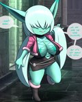 2022 4:5 big_breasts breasts clothed clothing cosplay dialogue english_text female furball genitals goblin green_body hair hair_over_eyes hi_res humanoid king_of_fighters meeya_(furball) no_underwear not_furry pussy shermie short_stack snk solo text