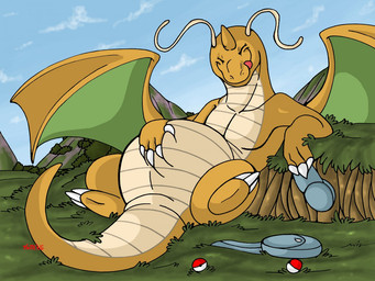 3_toes 4_fingers abdominal_bulge ambiguous_gender ambiguous_pred anthro anthro_pred arm_support backpack belly big_belly claws clothing cloud day detailed_background discarded_clothing eyes_closed featureless_crotch feet finger_claws fingers grass hand_on_belly hat headgear headwear holding_clothing holding_object horn licking licking_lips licking_own_lips lying membrane_(anatomy) membranous_wings multicolored_body multicolored_scales nude offscreen_character on_back oral_vore orange_body orange_scales outside pink_tongue plant pokeball scales self_lick sky smile soft_vore solo standard_pokeball tail tan_body tan_scales toe_claws toes tongue tongue_out vore white_claws wings artistawesome mythology nintendo pokemon dragon dragonite generation_1_pokemon mythological_creature mythological_scalie pokemon_(species) reptile scalie 2013 digital_media_(artwork) signature