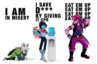 anthro blue_body blue_hair eyewear freckles fur glasses group hair horn humor kneeling pink_body pink_hair text trio water_cooler white_body white_fur cursed_nelari deltarune misery_x_cpr_x_reese's_puffs undertale_(series) kris_dreemurr ralsei susie_(deltarune) bovid caprine goat human mammal mizzle_(deltarune) scalie watercooler_(deltarune) digital_drawing_(artwork) digital_media_(artwork) english_text hi_res meme