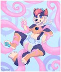 abdl antennae_(anatomy) anthro black_nose bodily_fluids cute_fangs diaper fangs fur genital_fluids hair hypnosis hypnotic_eyes male midair mind_control multicolored_body multicolored_fur pawpads paws pink_hair simple_background solo tail teeth tentacles unclean_diaper urine used_diaper wet_diaper applepup canid canine mammal hi_res