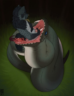 ambiguous_gender anthro black_hair blue_eyes cheek_tuft duo erection facial_piercing facial_tuft fangs feral forked_tongue fur genitals glistening glistening_eyes green_body grey_body grey_fur hair humanoid_genitalia humanoid_penis in_mouth logo male masturbation no_sclera nose_piercing nose_ring nude open_mouth oral_vore partially_inside penile penile_masturbation penis piercing pupils red_penis red_tongue ring_piercing sharp_teeth simple_background slit_pupils soft_vore teeth tongue tuft vore riorix hyena mammal reptile scalie snake 2020 artist_logo dated hi_res