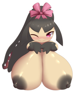 accessory areola big_areola big_breasts big_nipples black_areola black_hair black_nipples blush bodily_fluids bow_(feature) bow_ribbon breasts eyelashes female hair hair_accessory hair_bow hair_mouth hair_ribbon huge_areola huge_breasts huge_nipples long_hair looking_at_viewer nipples non-mammal_nipples one_eye_closed pink_eyes ribbons sharp_teeth simple_background smile solo tears teeth teeth_showing white_background yellow_body yellow_skin jcdr don't_attack_me_mawile nintendo pokemon generation_3_pokemon mawile pokemon_(species) 2026 absurd_res digital_media_(artwork) half-length_portrait hi_res portrait