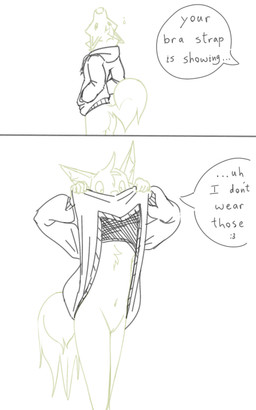 :3 andromorph anthro bottomless bottomless_andromorph bottomless_anthro bottomless_intersex butt clothed clothing clothing_lift confusion dialogue ellipsis fluffy fluffy_chest genitals hoodie hoodie_only intersex looking_back navel question_mark rear_view shirt shirt_lift solo speech_bubble text topwear topwear_only upside_down upside_down_question_mark vulva sillydraco bra_strap_showing_(meme) byte_fantail_(character) canid canine canis domestic_dog husky mammal nordic_sled_dog spitz 5:8 absurd_res english_text hi_res meme sketch